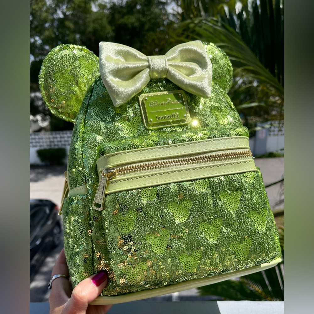 Loungefly Disney NWT Backpack HIDDEN Mickey Heads in Dazzling KiwiGreen Sequins